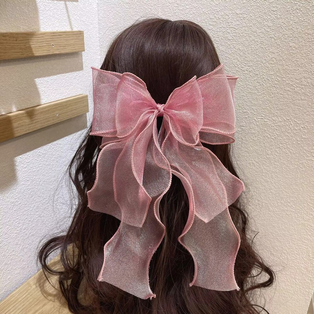 Pink Shiny Chiffon Hair Bow Clips Imported from Korea - Picture 2 of 2